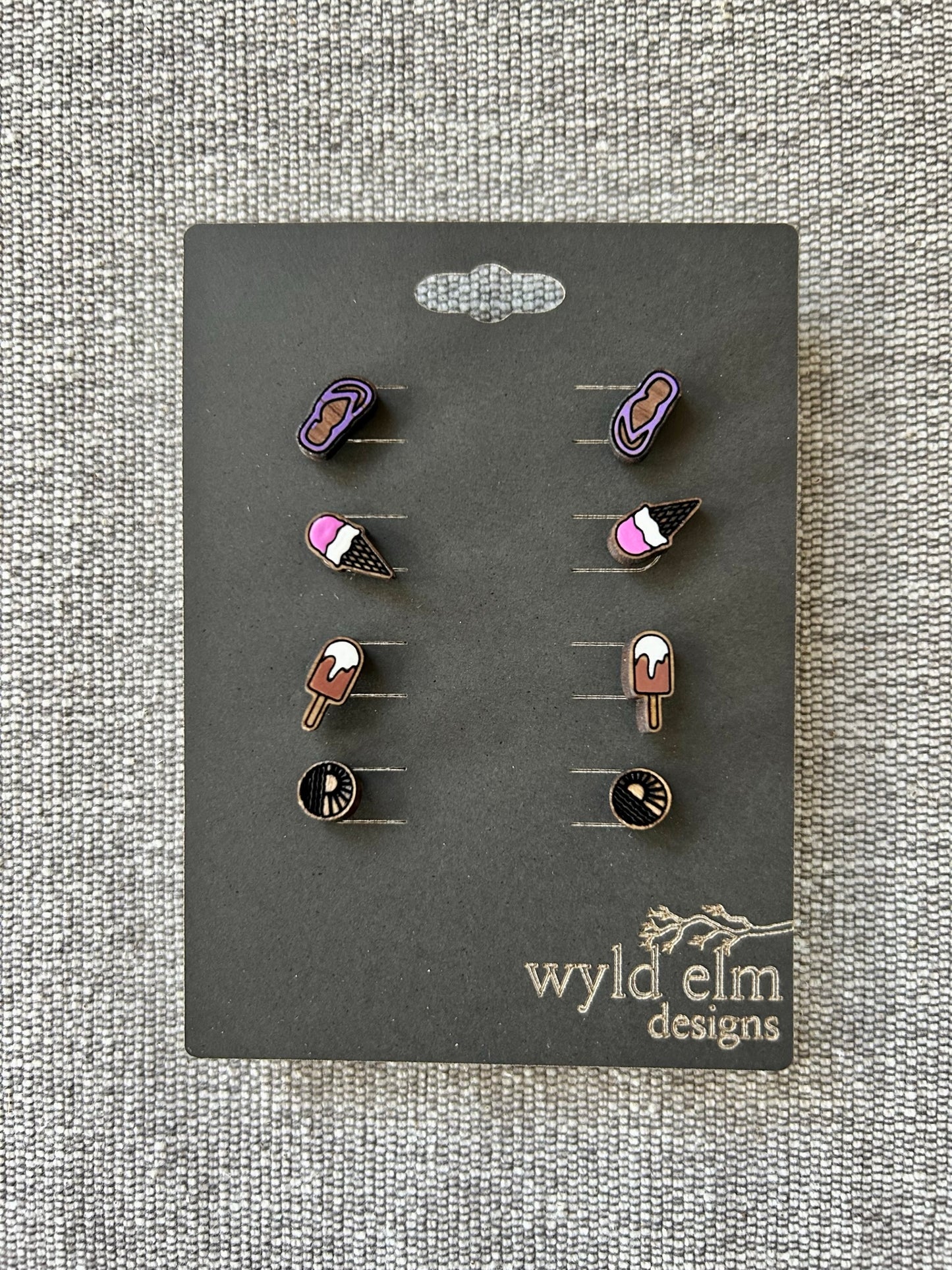 Walnut Wood Stud Earrings - Summer Lovin' Pack - Lightweight Minimalist Hypoallergenic Earrings - Tiny Hand Painted Design