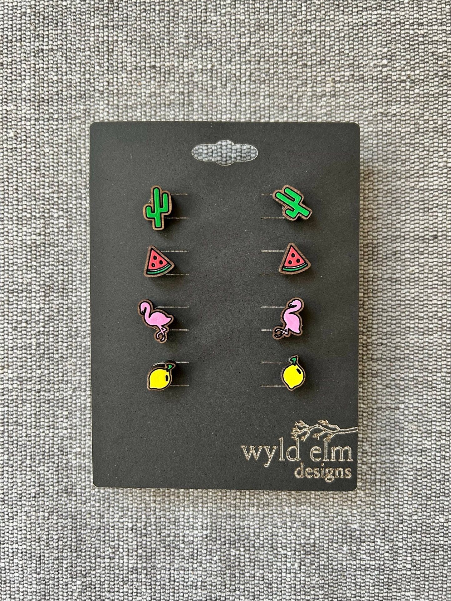 Walnut Wood Stud Earrings - Fun Pack - Lightweight Minimalist Hypoallergenic Earrings - Tiny Hand Painted Design