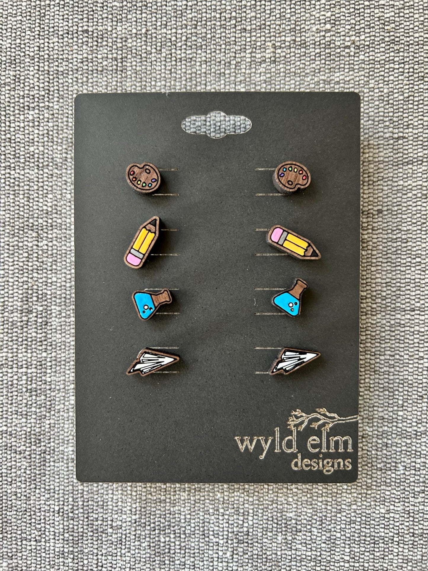 Walnut Wood Stud Earrings - School Pack - Lightweight Minimalist Hypoallergenic Earrings - Tiny Hand Painted Design