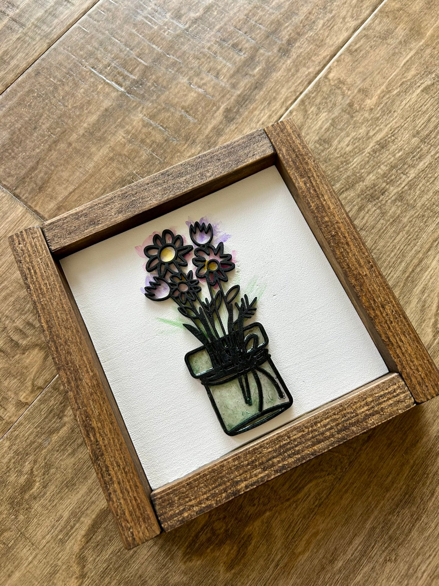 Watercolor Floral Vase Mini Wood Sign - Pink & Purple Flowers in Green Vase