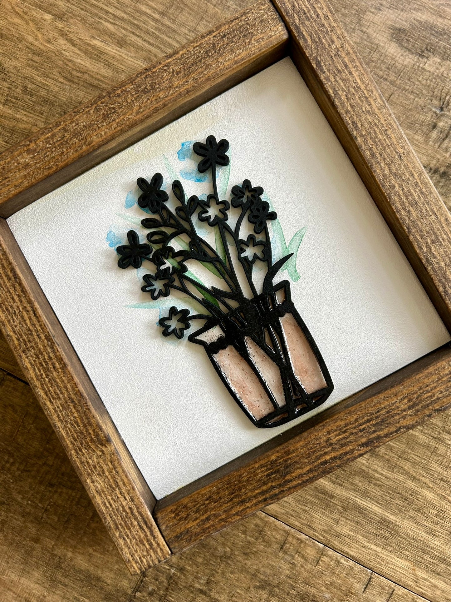 Watercolor Floral Vase Mini Wood Sign - Blue Flowers in Green Vase