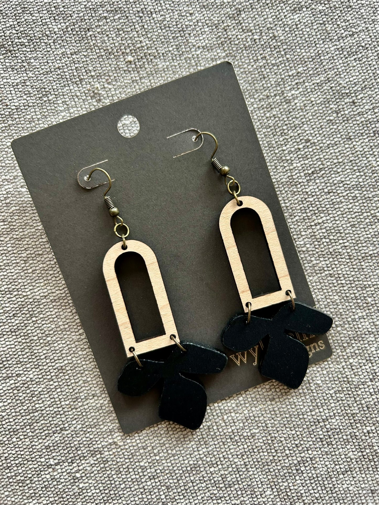 Black Flower Maple Wood Arch Earrings