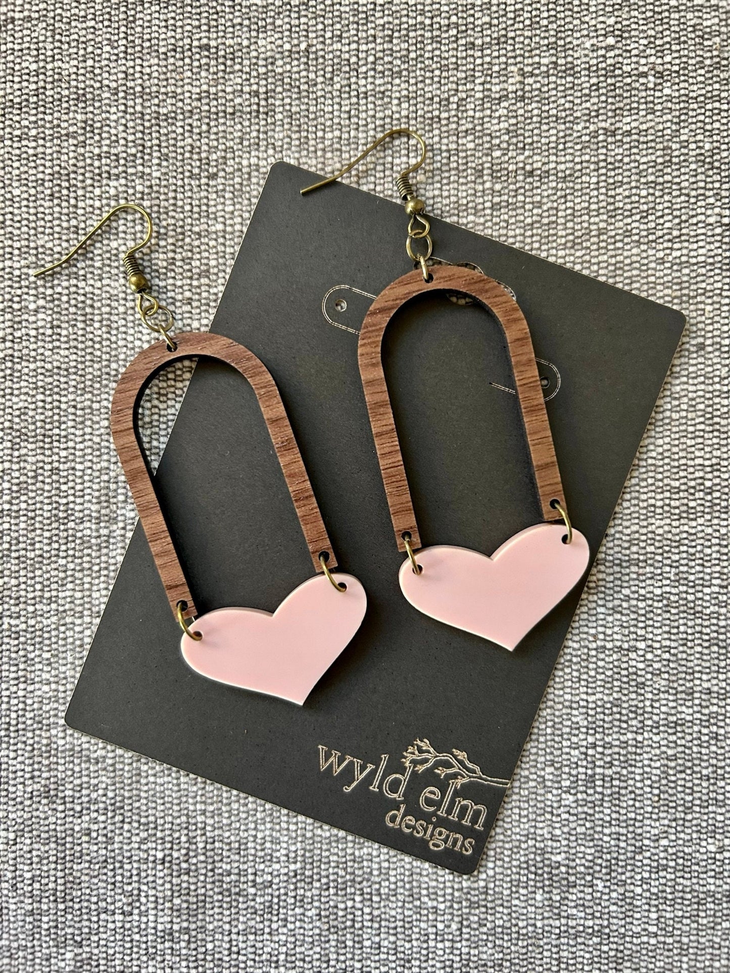Acrylic Heart & Walnut Wood Arch Earrings