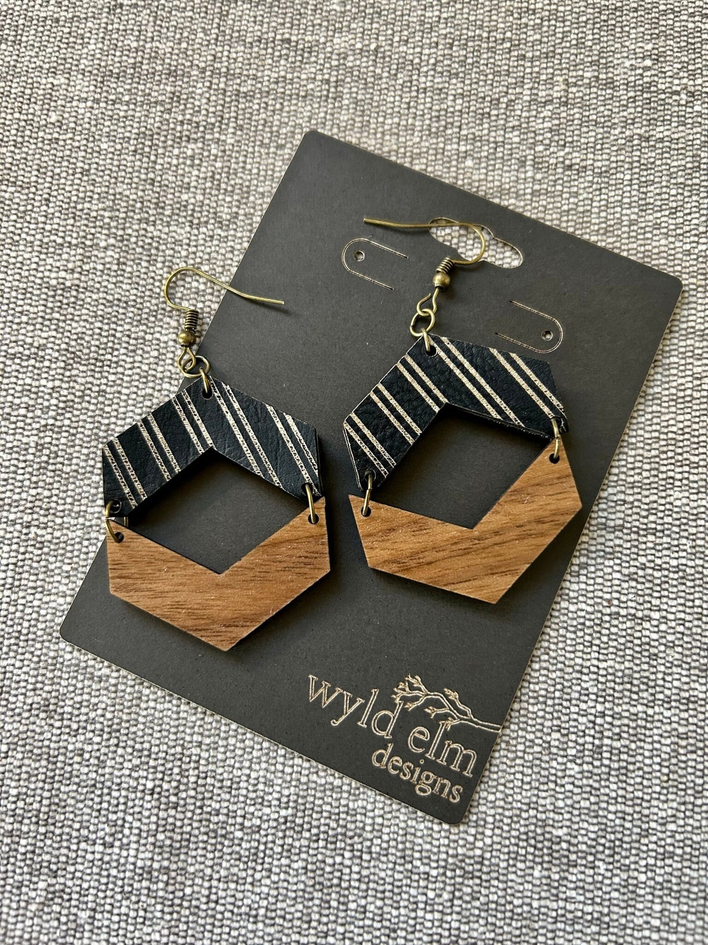 Pinstripe Leather and Walnut Wood Chevron Earrings