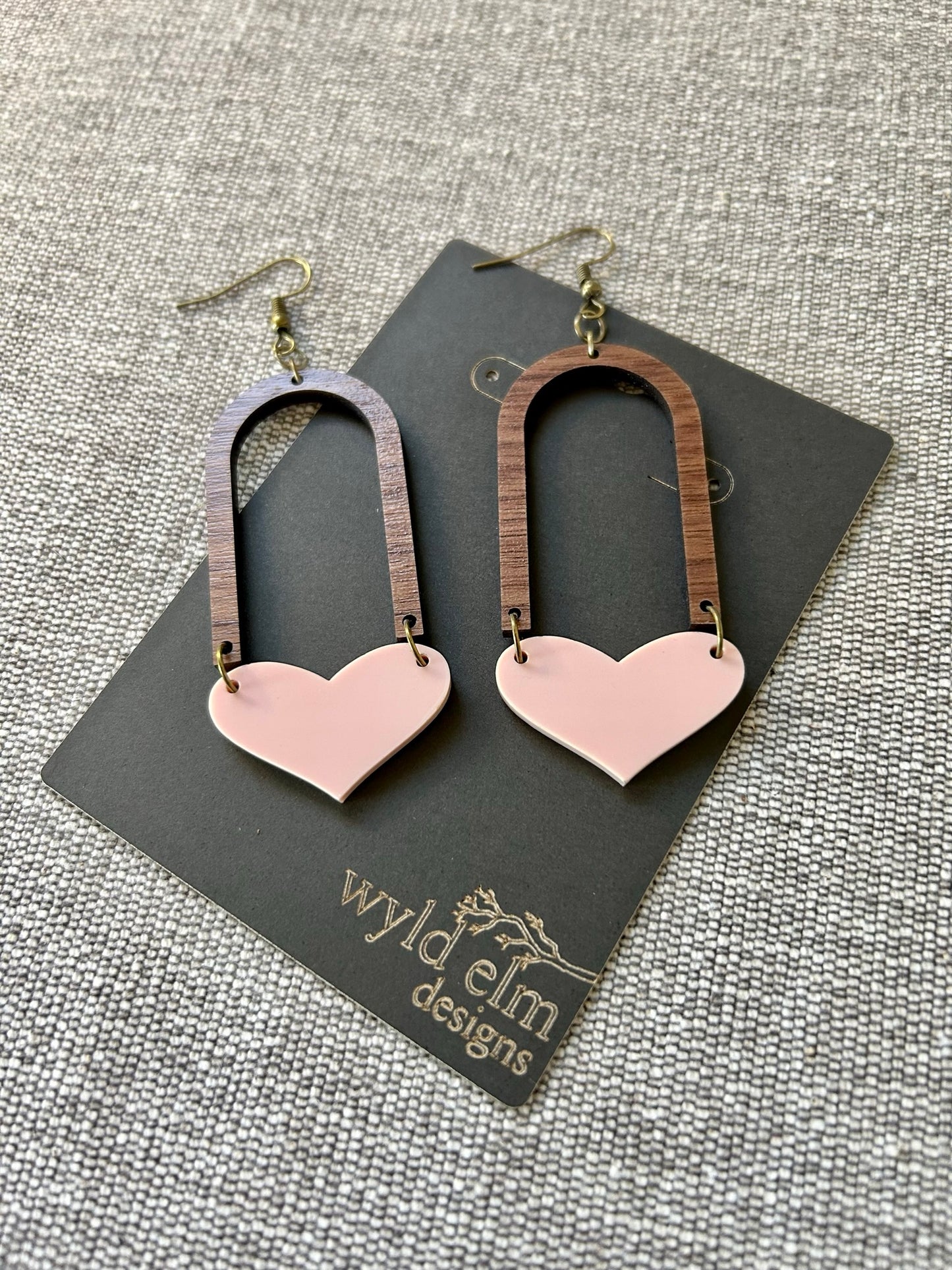 Acrylic Heart & Walnut Wood Arch Earrings