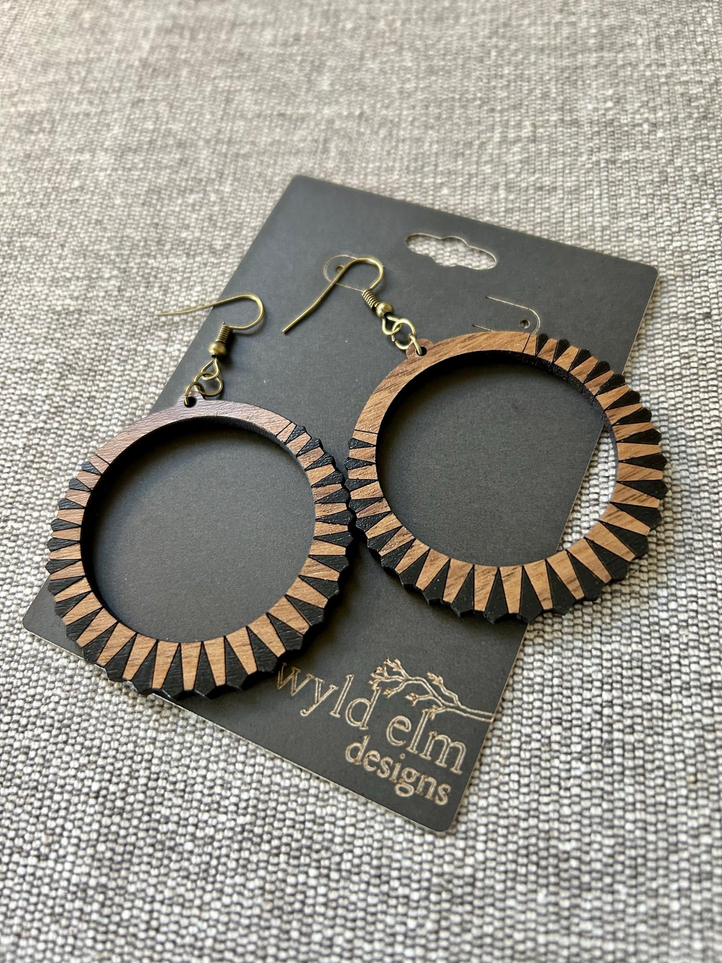 Black Diamond Hoop Walnut Wood Earrings