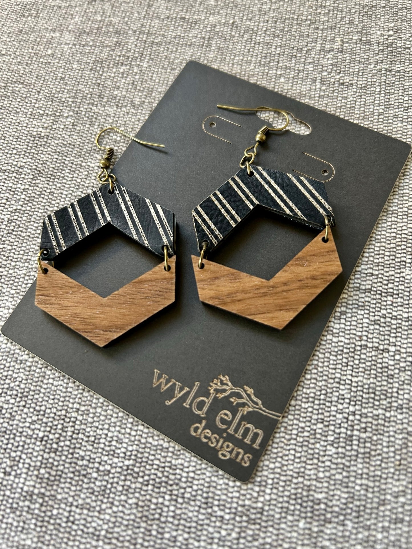 Pinstripe Leather and Walnut Wood Chevron Earrings