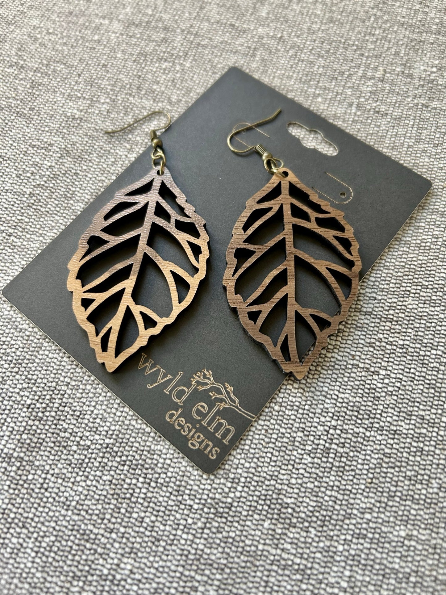 Leaf Cut-Out Walnut Wood Earrings