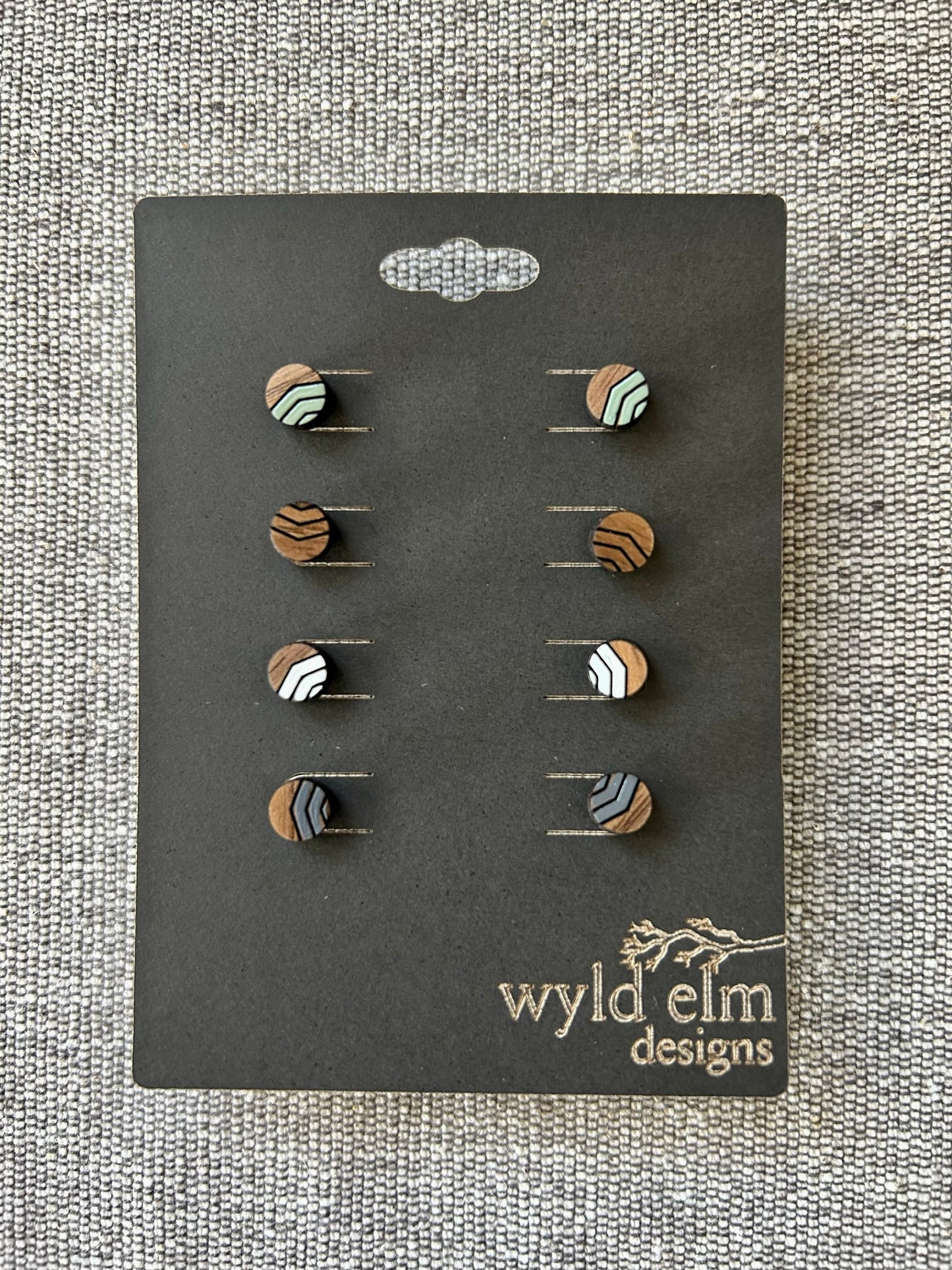 Walnut Wood Stud Earrings - Neutral Chevron Pack - Lightweight Minimalist Hypoallergenic Earrings - Tiny Hand Painted Design