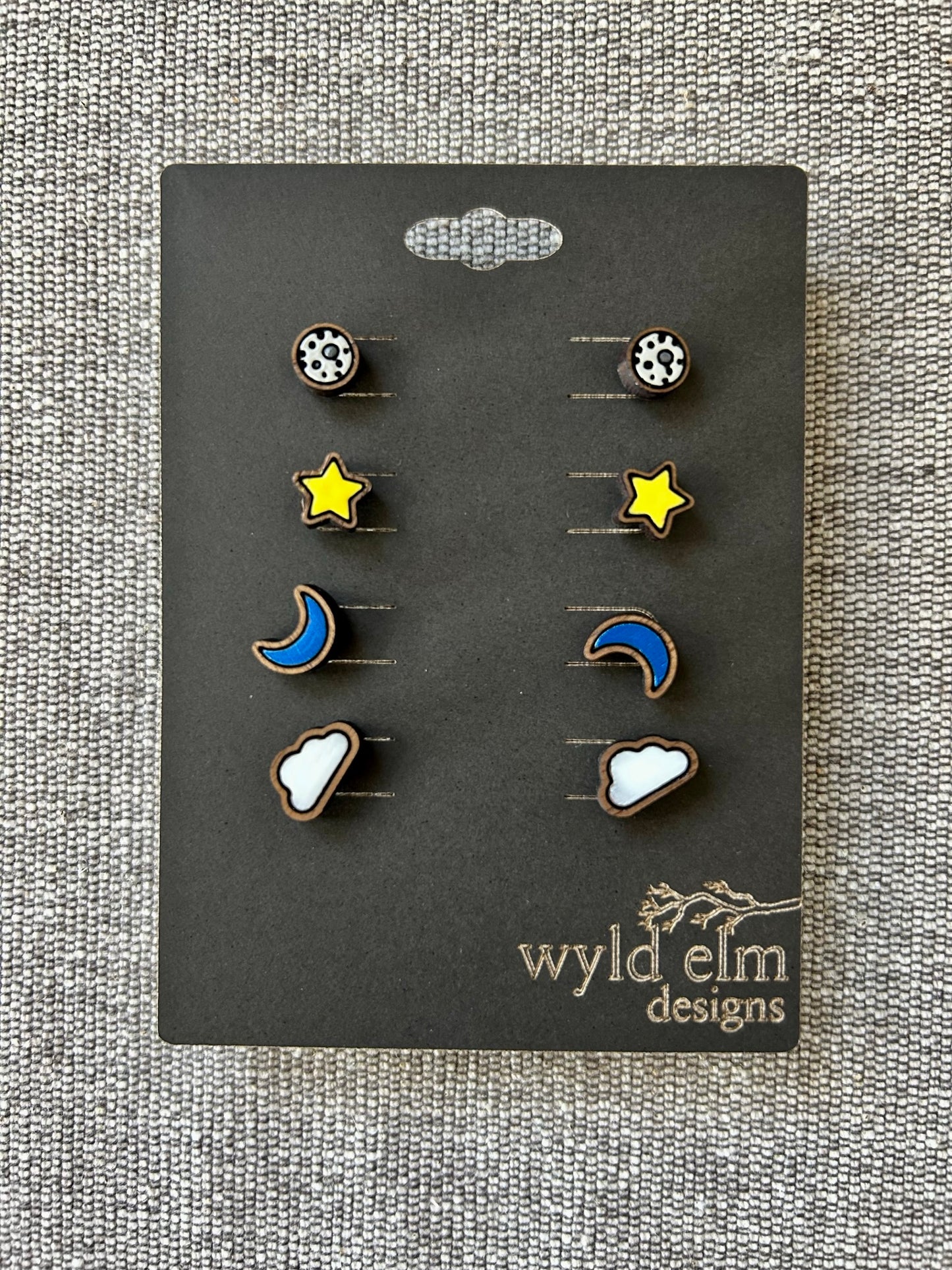 Walnut Wood Stud Earrings - Lunar Pack - Lightweight Minimalist Hypoallergenic Earrings - Tiny Hand Painted Design