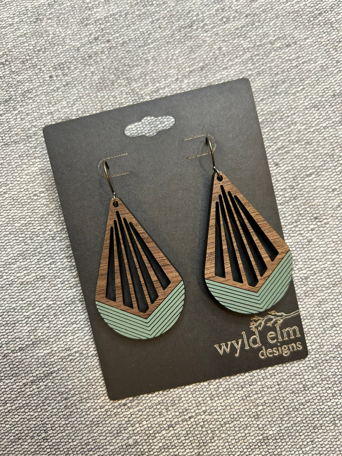 Green Sage Teardrop Cut-Out Walnut Wood Earrings