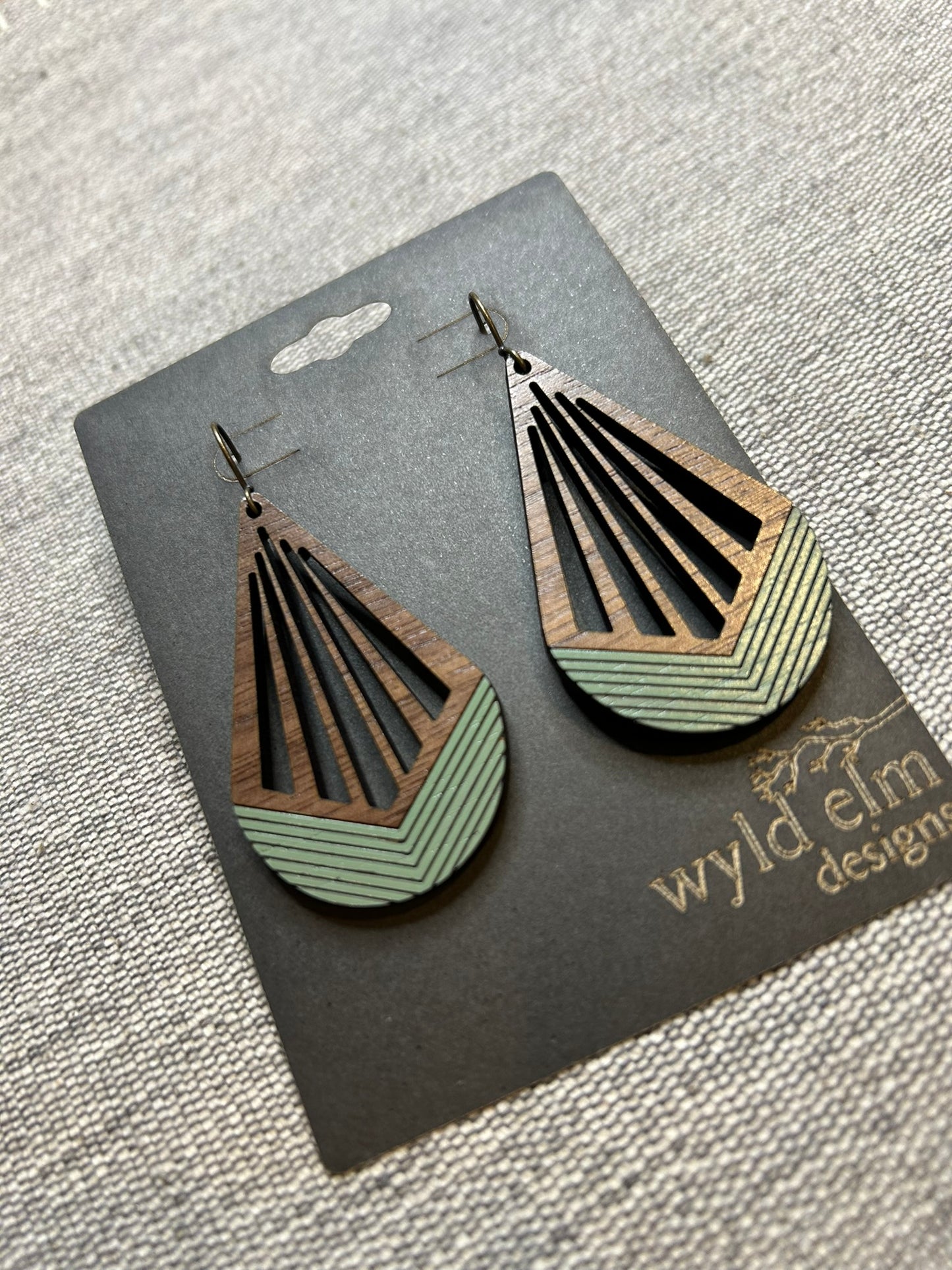 Green Sage Teardrop Cut-Out Walnut Wood Earrings
