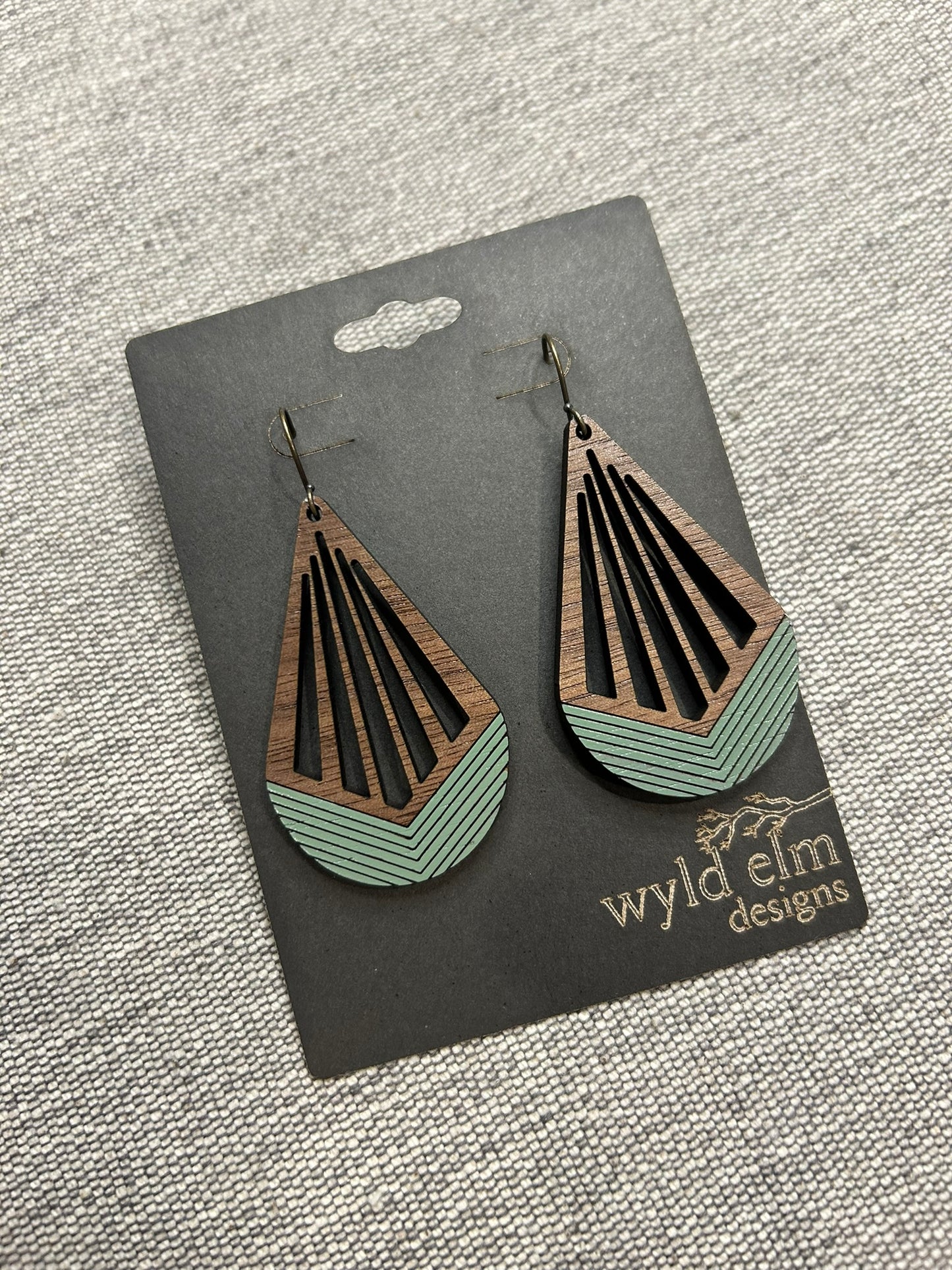 Green Sage Teardrop Cut-Out Walnut Wood Earrings