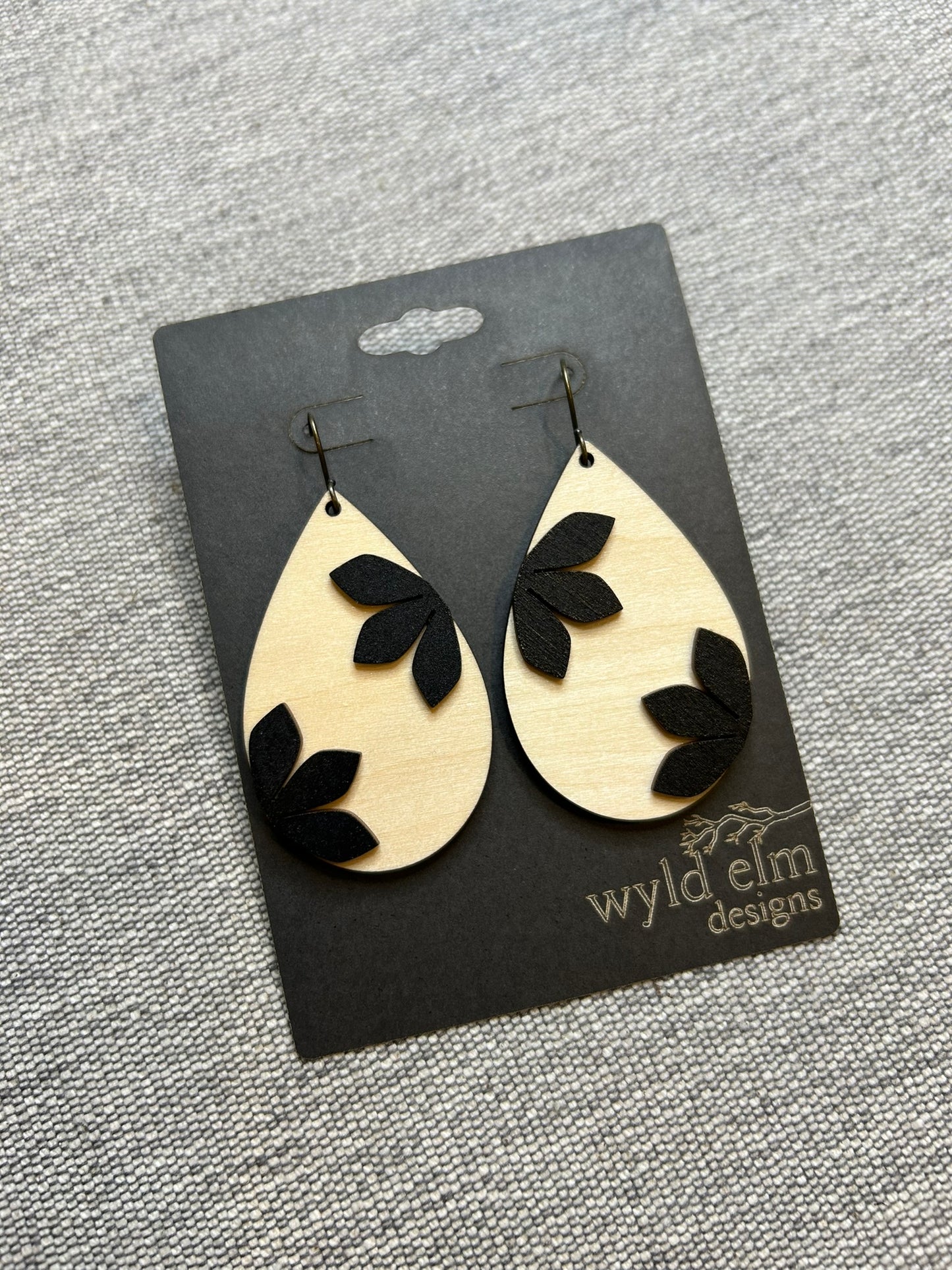 Floral Teardrop Walnut Wood Earrings