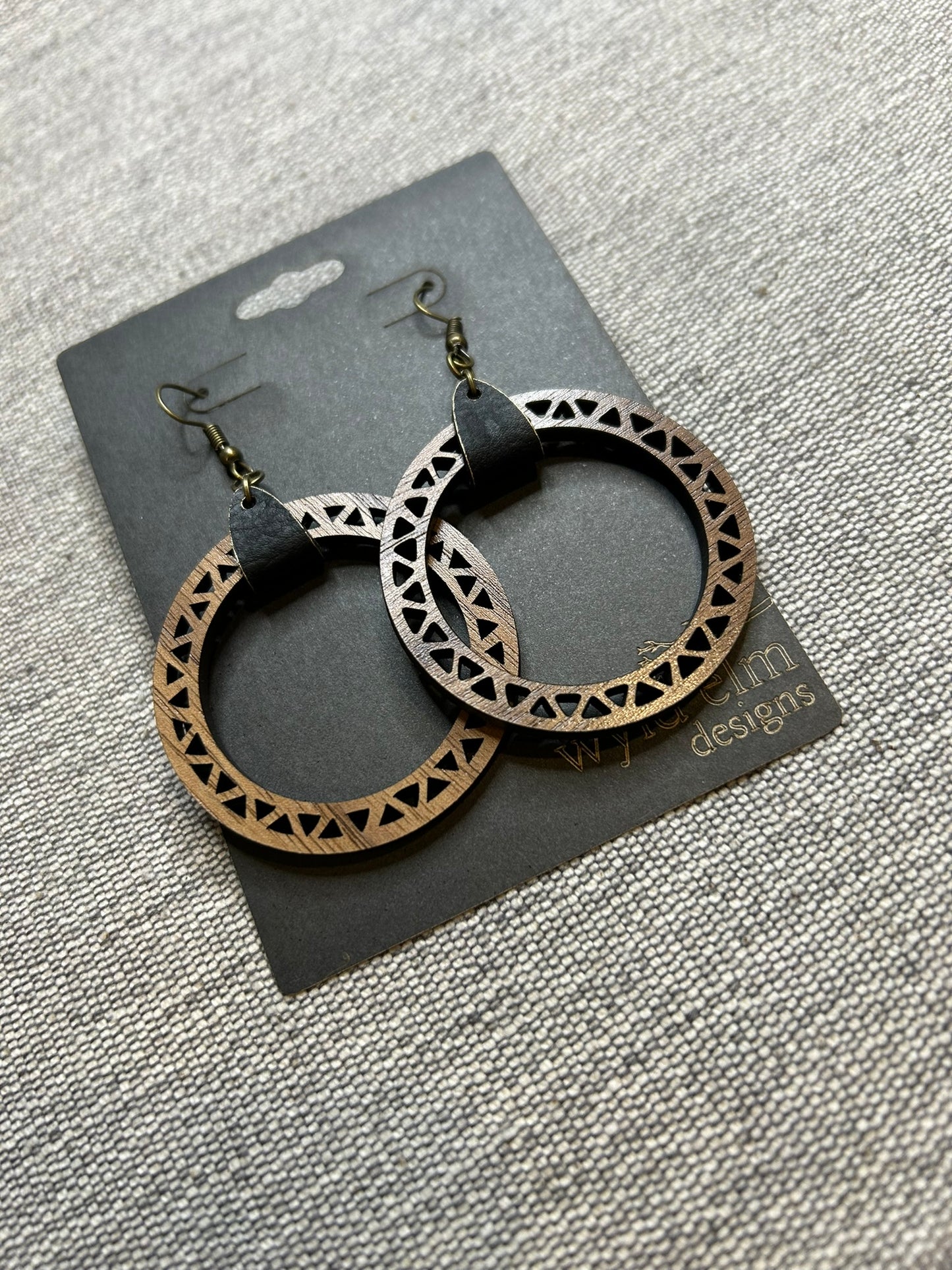 Triangle Hoop with Leather Jump Walnut Wood Earrings