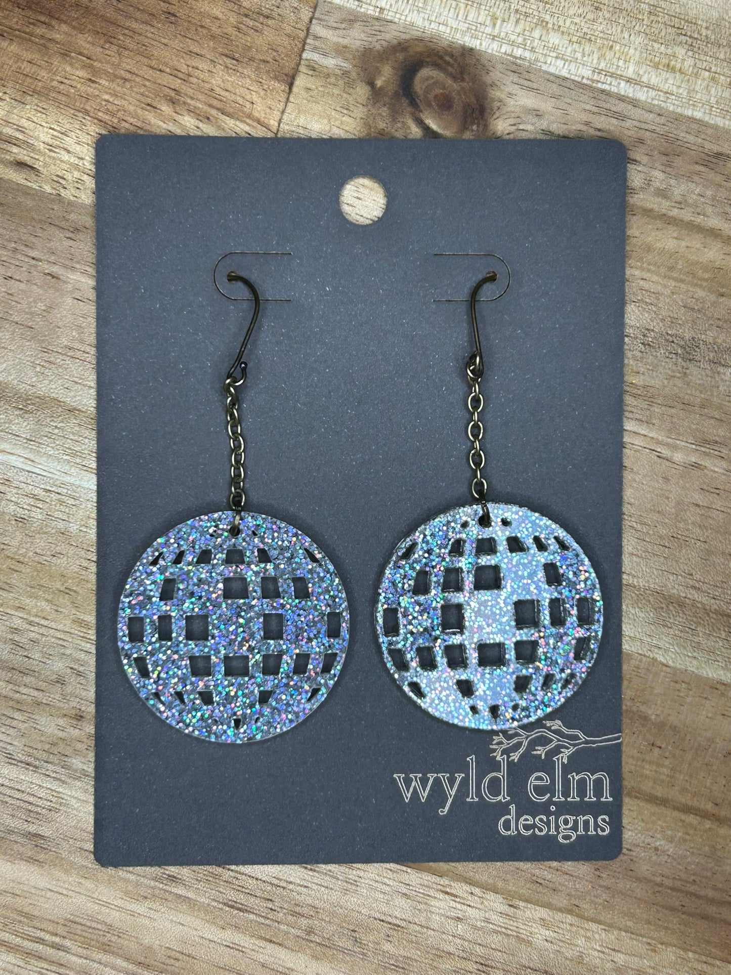 Disco Ball Holographic Silver Glitter Acrylic Earrings