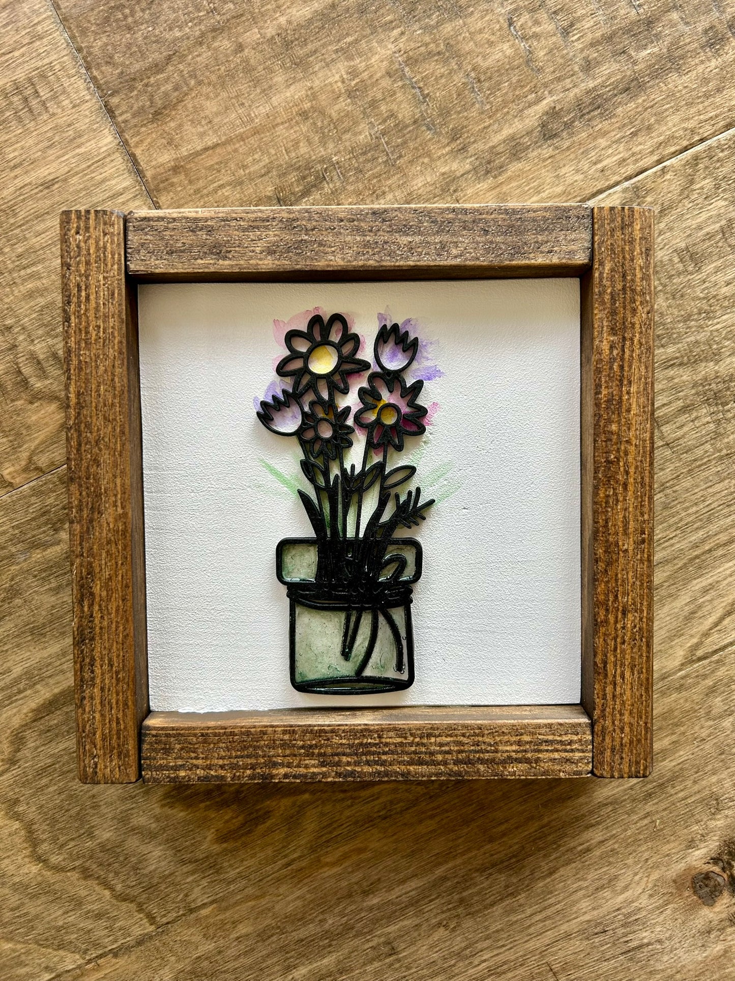 Watercolor Floral Vase Mini Wood Sign - Pink & Purple Flowers in Green Vase