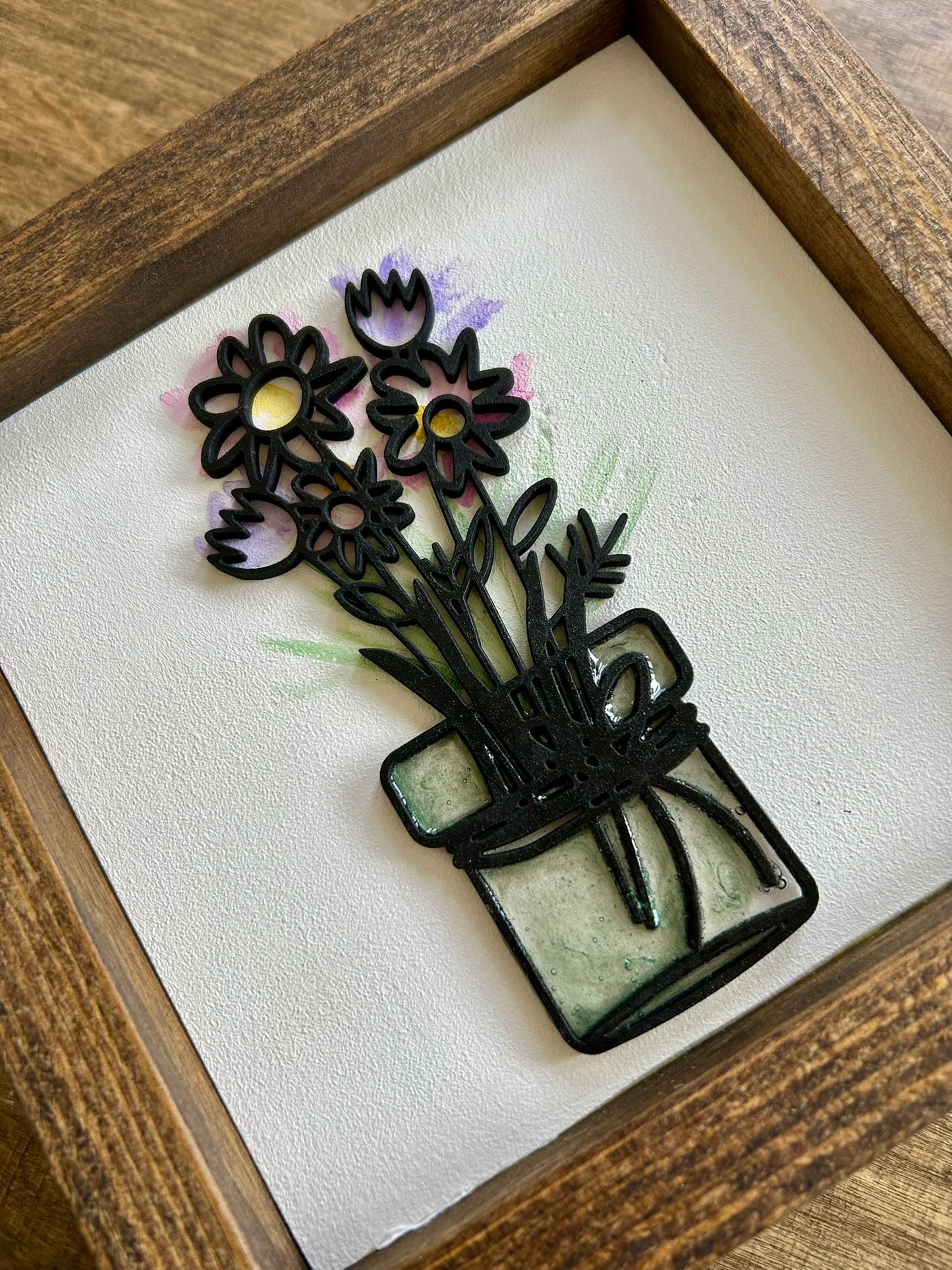 Watercolor Floral Vase Mini Wood Sign - Pink & Purple Flowers in Green Vase