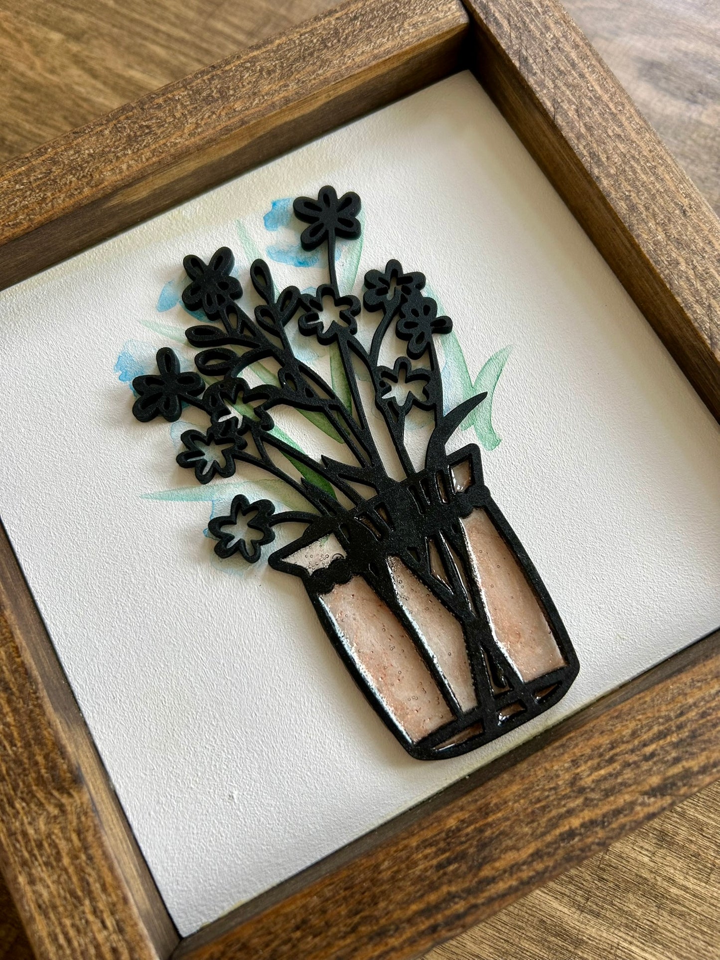Watercolor Floral Vase Mini Wood Sign - Blue Flowers in Green Vase