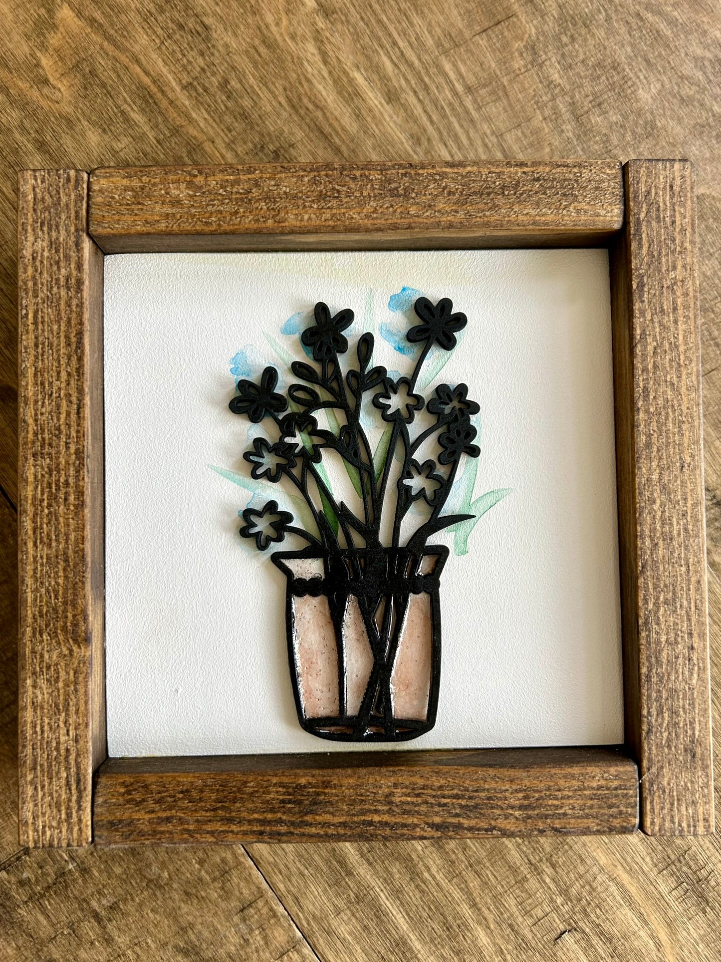 Watercolor Floral Vase Mini Wood Sign - Blue Flowers in Green Vase