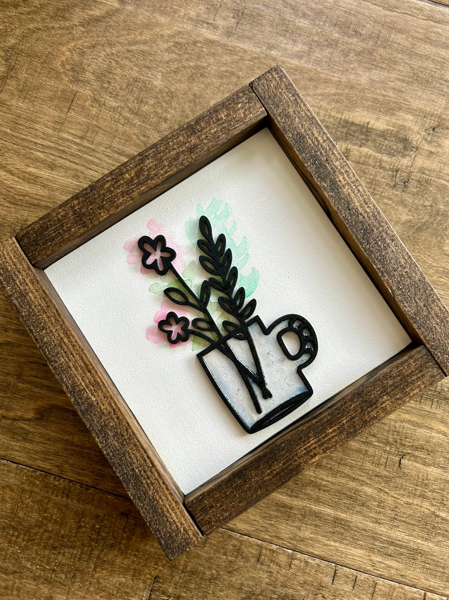 Watercolor Floral Vase Mini Wood Sign - Pink Flowers in Blue Vase