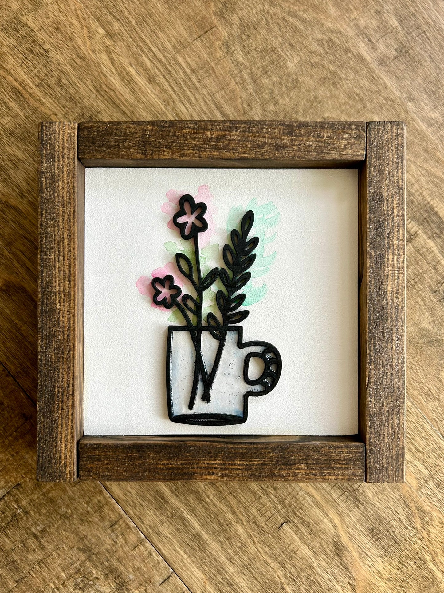 Watercolor Floral Vase Mini Wood Sign - Pink Flowers in Blue Vase