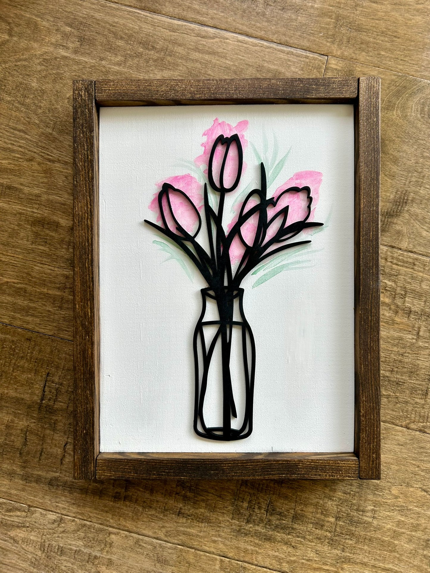 Watercolor Floral Vase Wood Sign - Pink Tulip Tall Vase