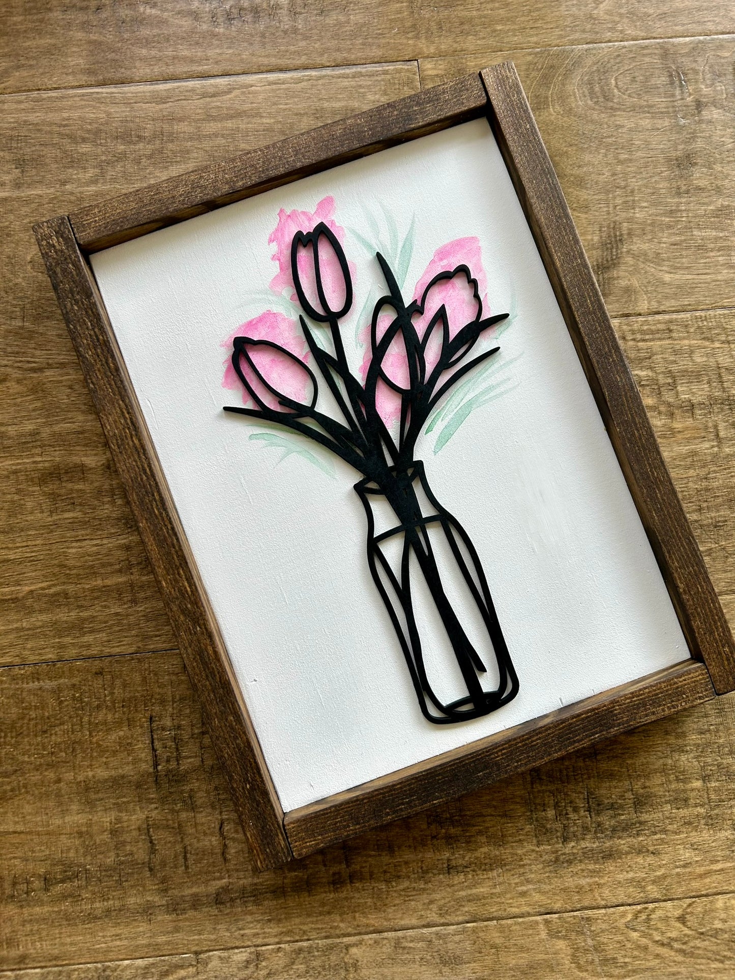 Watercolor Floral Vase Wood Sign - Pink Tulip Tall Vase
