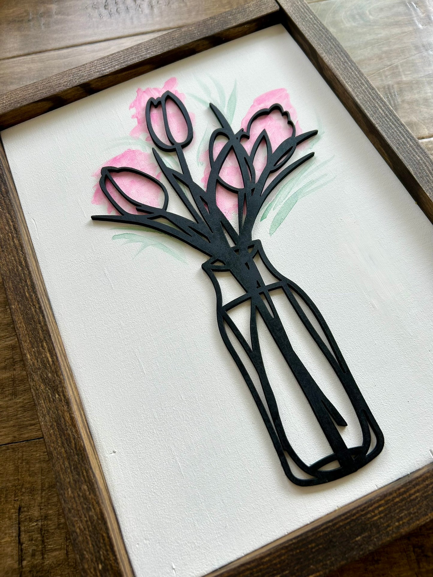 Watercolor Floral Vase Wood Sign - Pink Tulip Tall Vase
