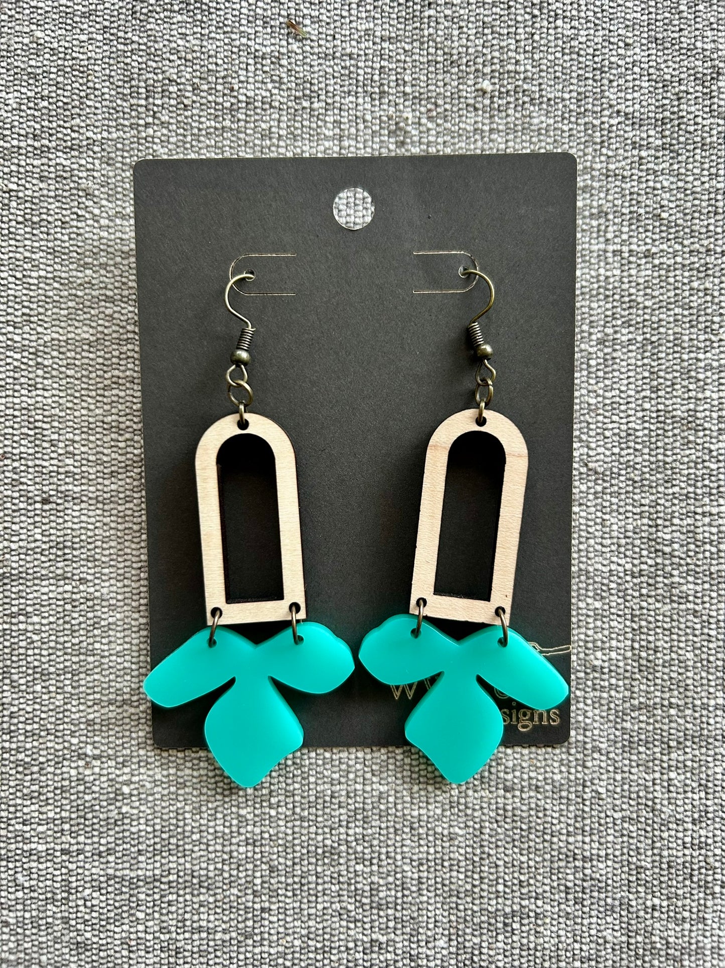 Teal Flower Maple Wood Arch Earrings