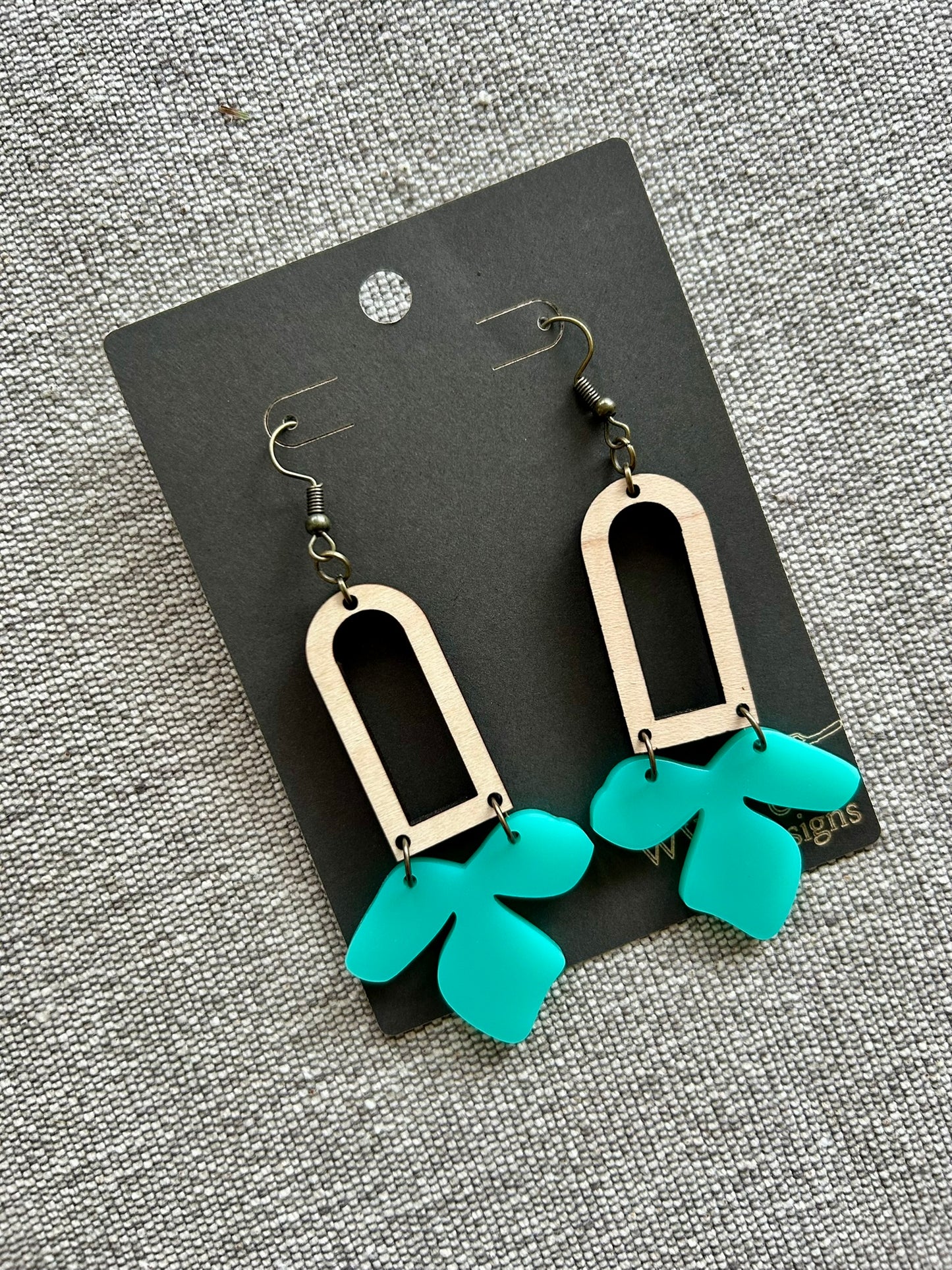 Teal Flower Maple Wood Arch Earrings