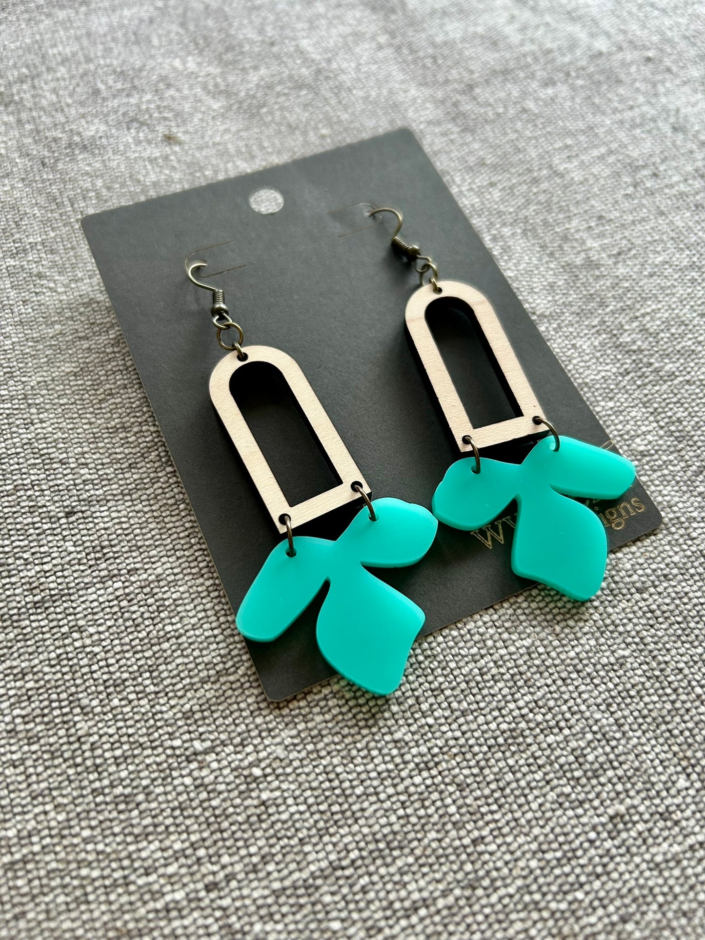 Teal Flower Maple Wood Arch Earrings