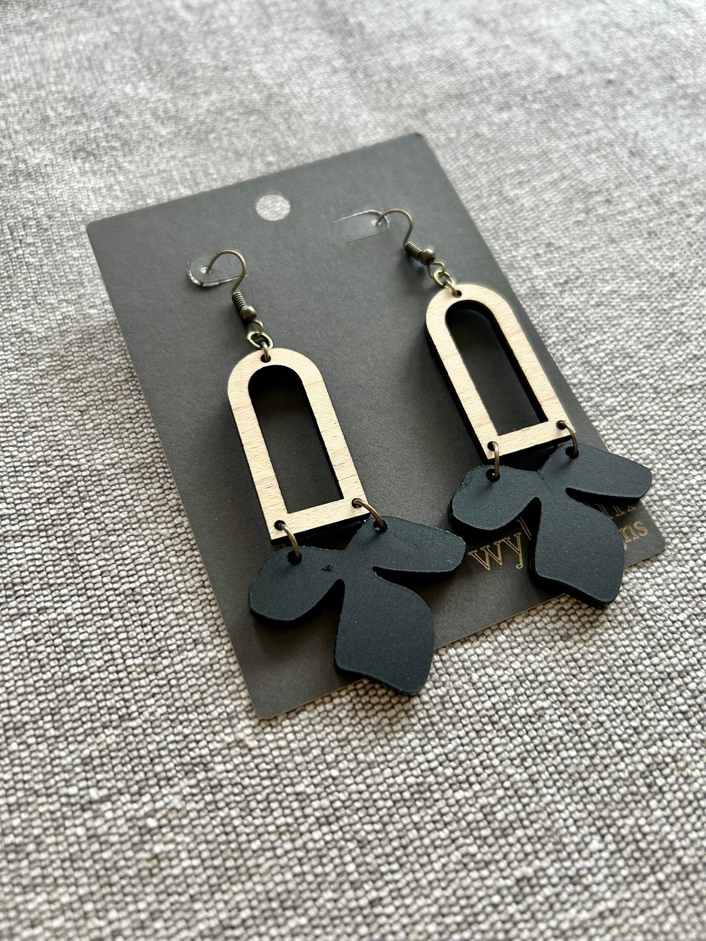 Black Flower Maple Wood Arch Earrings