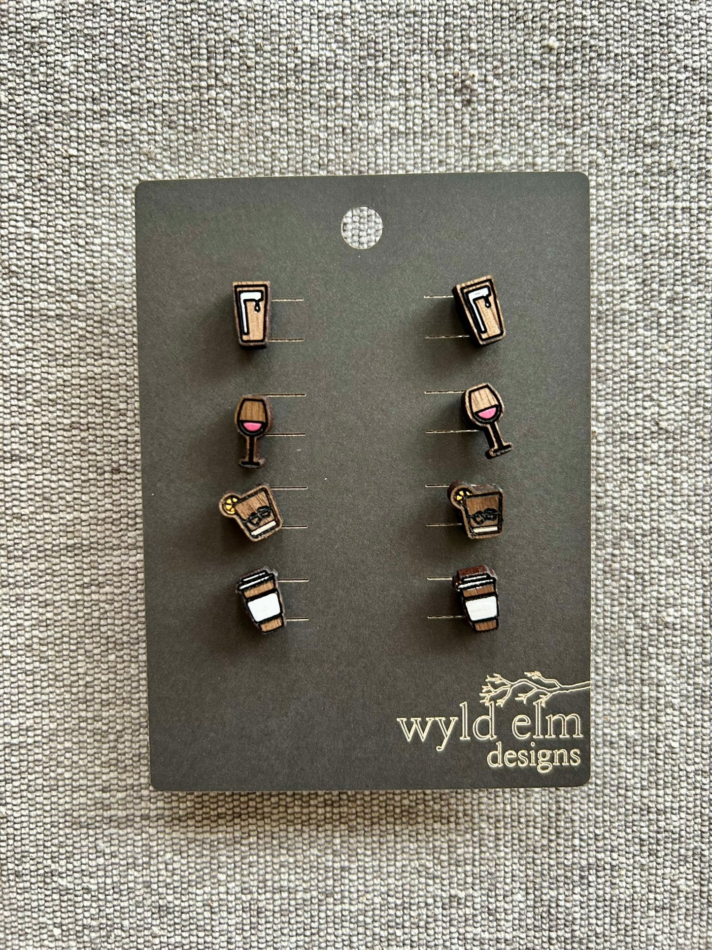 Walnut Wood Stud Earrings - Beer, Wine & Coffee Pack - Lightweight Minimalist Hypoallergenic Earrings - Tiny Hand Painted Design
