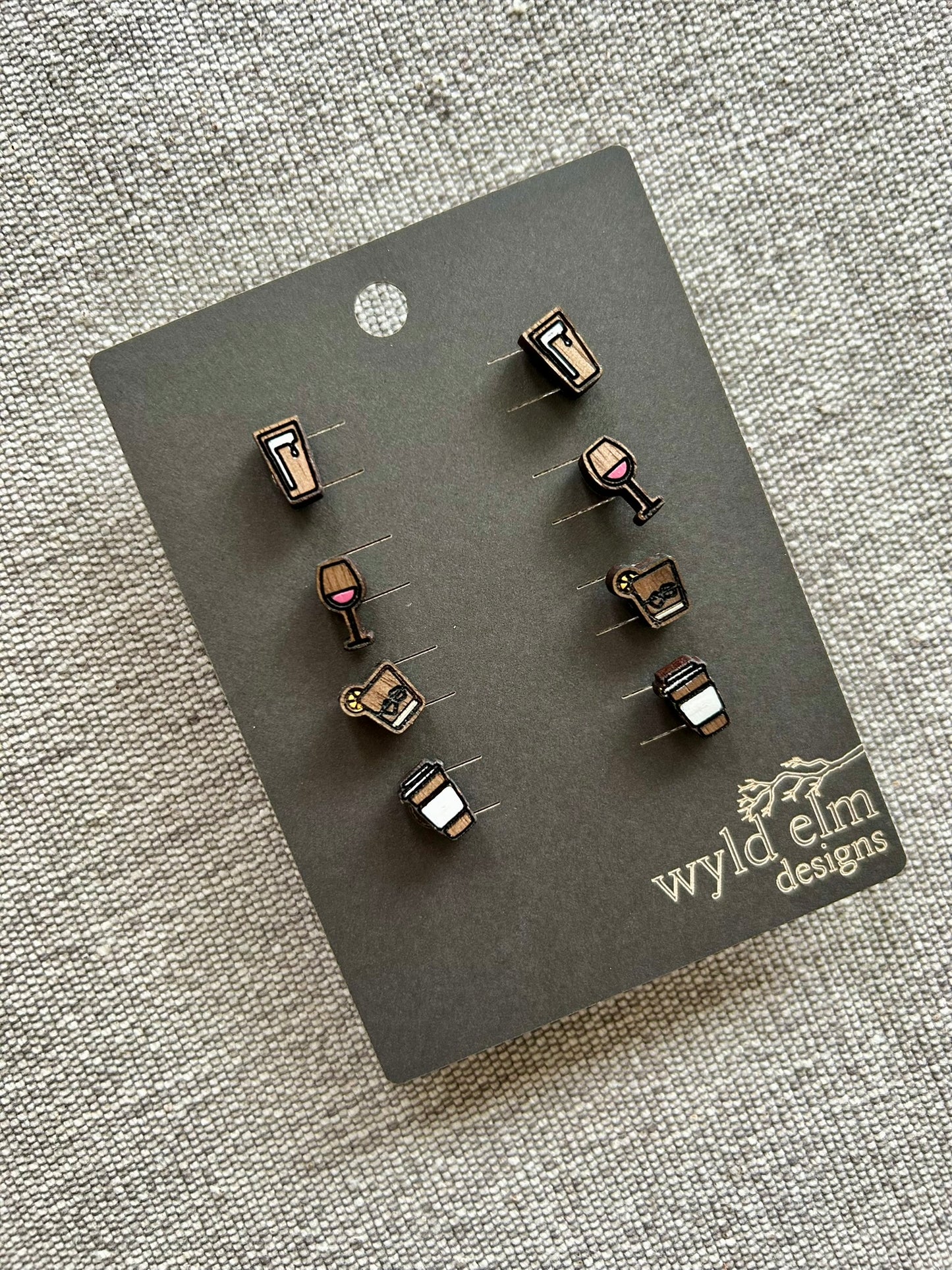 Walnut Wood Stud Earrings - Beer, Wine & Coffee Pack - Lightweight Minimalist Hypoallergenic Earrings - Tiny Hand Painted Design