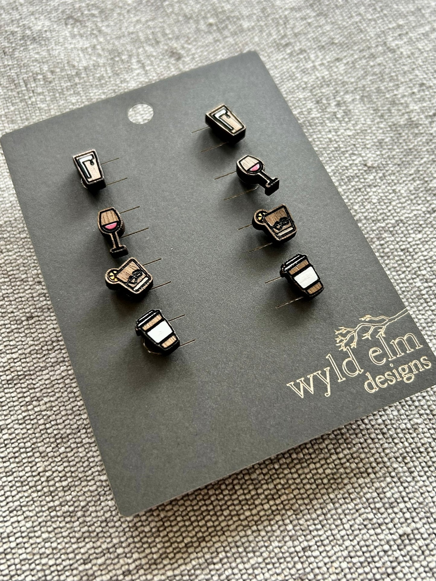 Walnut Wood Stud Earrings - Beer, Wine & Coffee Pack - Lightweight Minimalist Hypoallergenic Earrings - Tiny Hand Painted Design