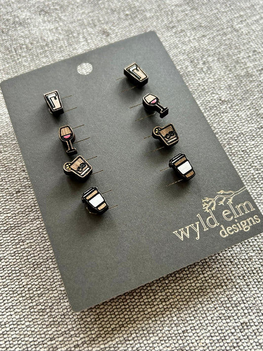 Walnut Wood Stud Earrings - Beer, Wine & Coffee Pack - Lightweight Minimalist Hypoallergenic Earrings - Tiny Hand Painted Design