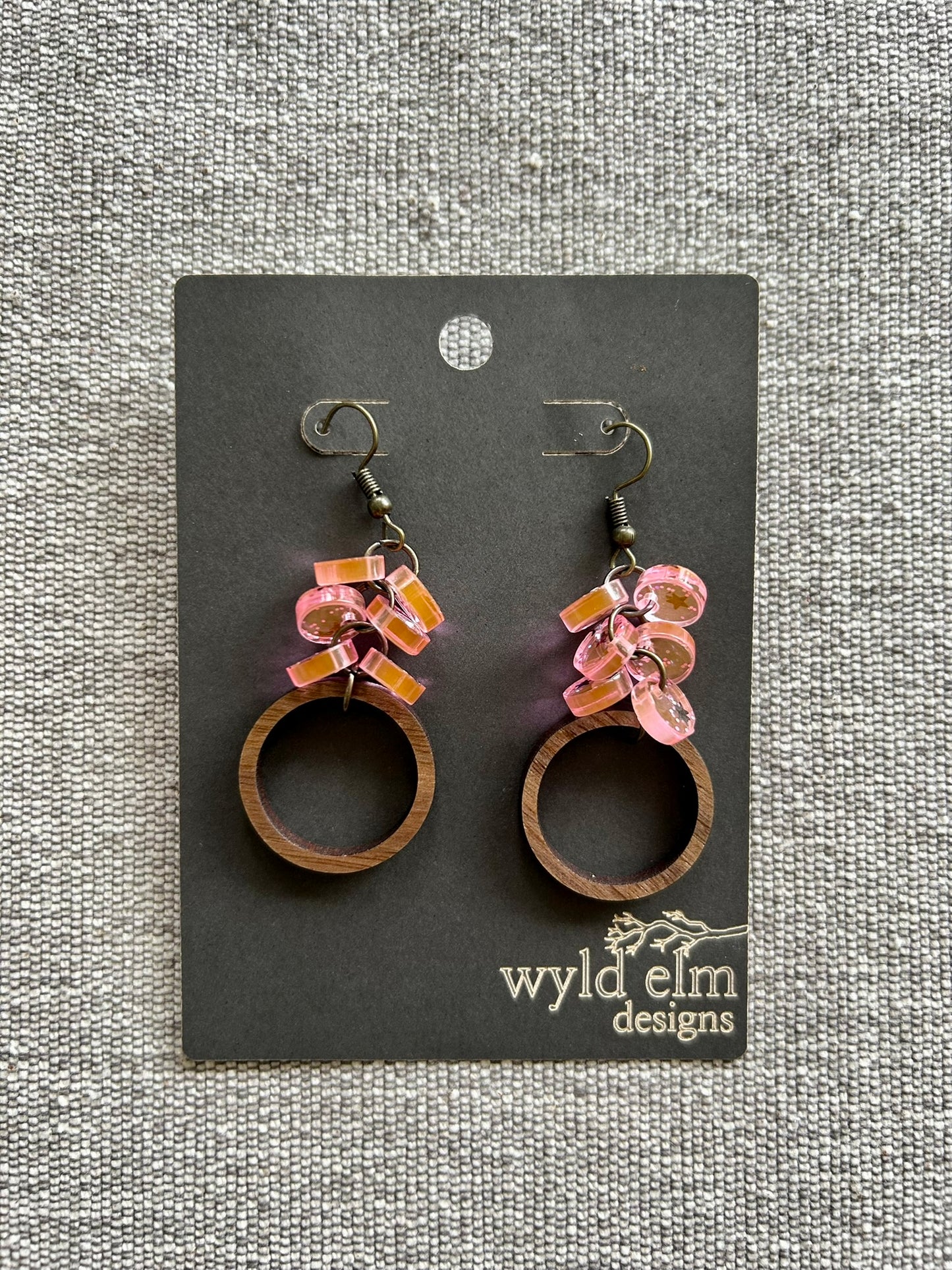 Pink Glitter Acrylic Beaded Hoop Walnut Wood Earrings