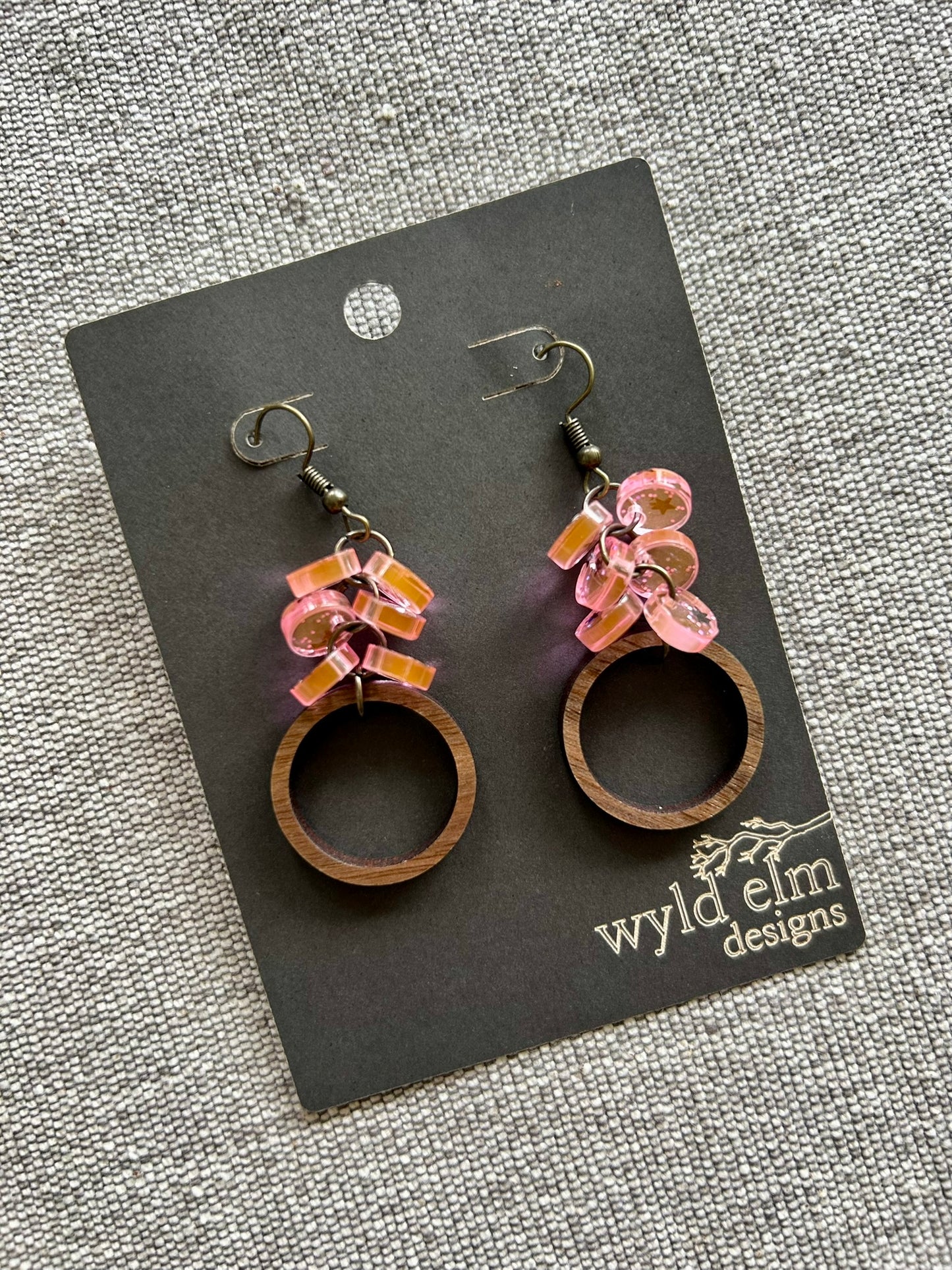 Pink Glitter Acrylic Beaded Hoop Walnut Wood Earrings