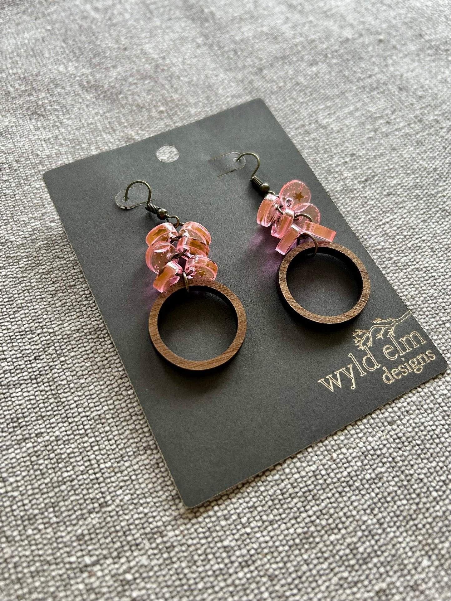 Pink Glitter Acrylic Beaded Hoop Walnut Wood Earrings