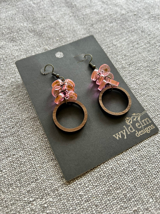 Pink Glitter Acrylic Beaded Hoop Walnut Wood Earrings