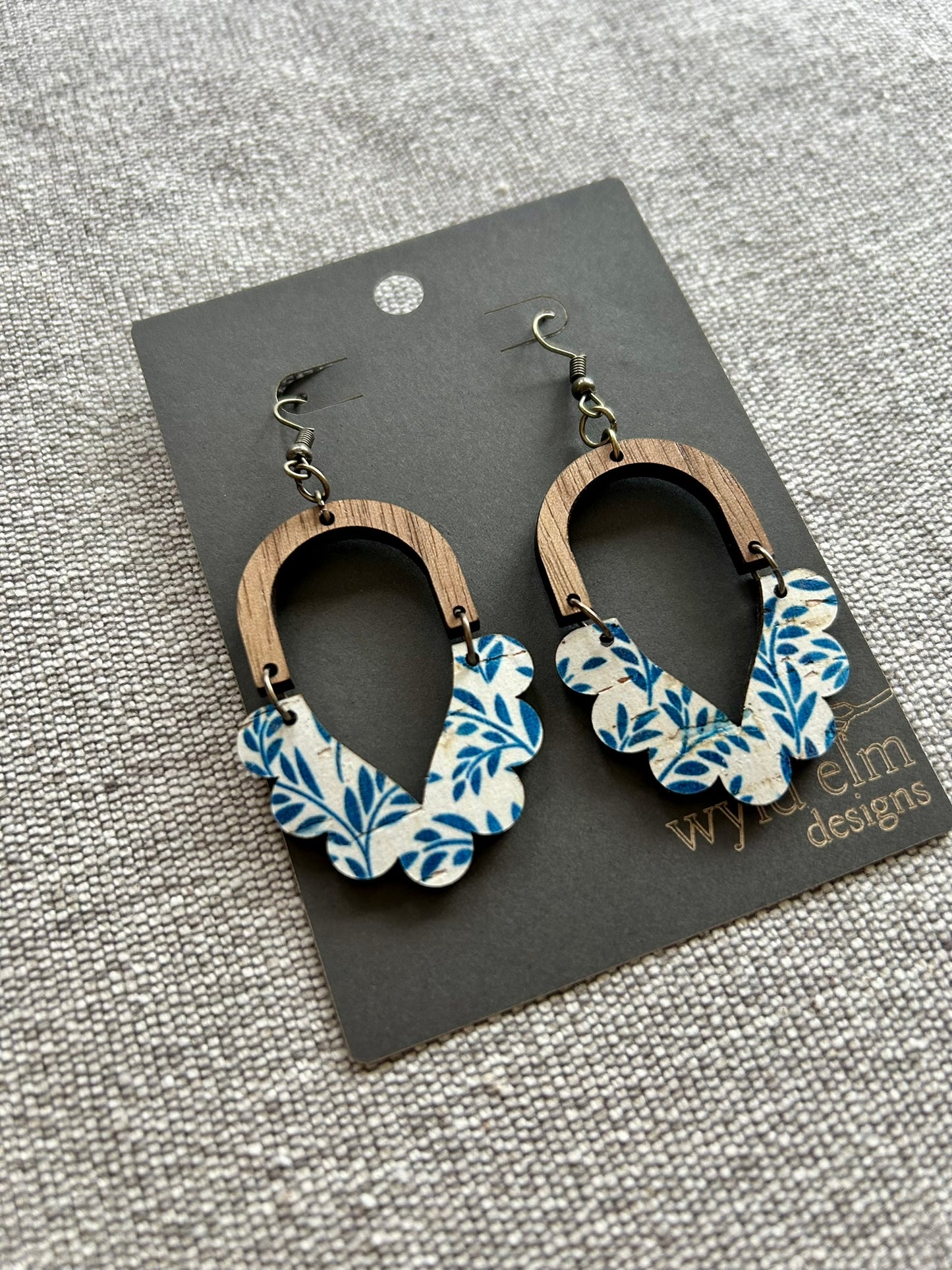 Blue Leaf Scallop Cork Leather Earrings