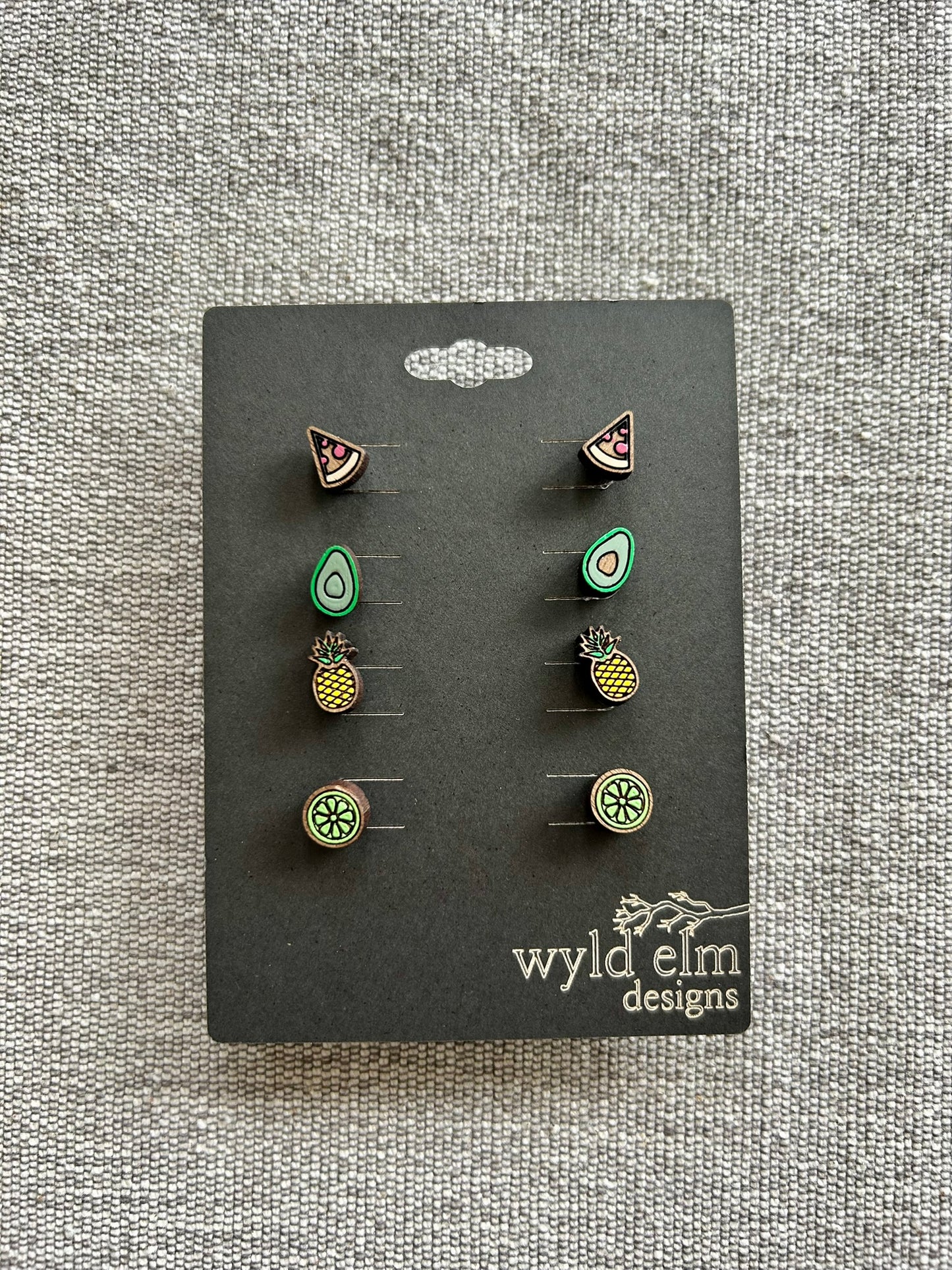 Walnut Wood Stud Earrings - Foodie Pack - Lightweight Minimalist Hypoallergenic Earrings - Tiny Hand Painted Design