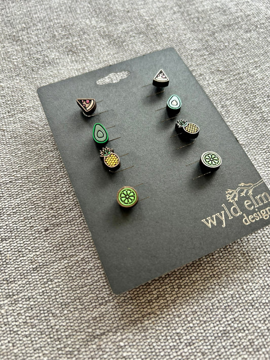 Walnut Wood Stud Earrings - Foodie Pack - Lightweight Minimalist Hypoallergenic Earrings - Tiny Hand Painted Design