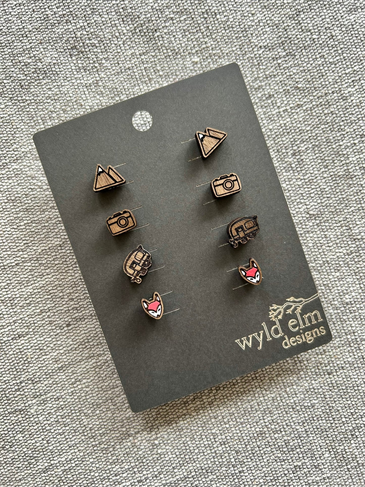 Walnut Wood Stud Earrings - Neutral Adventure Pack - Lightweight Minimalist Hypoallergenic Earrings - Tiny Hand Painted Design