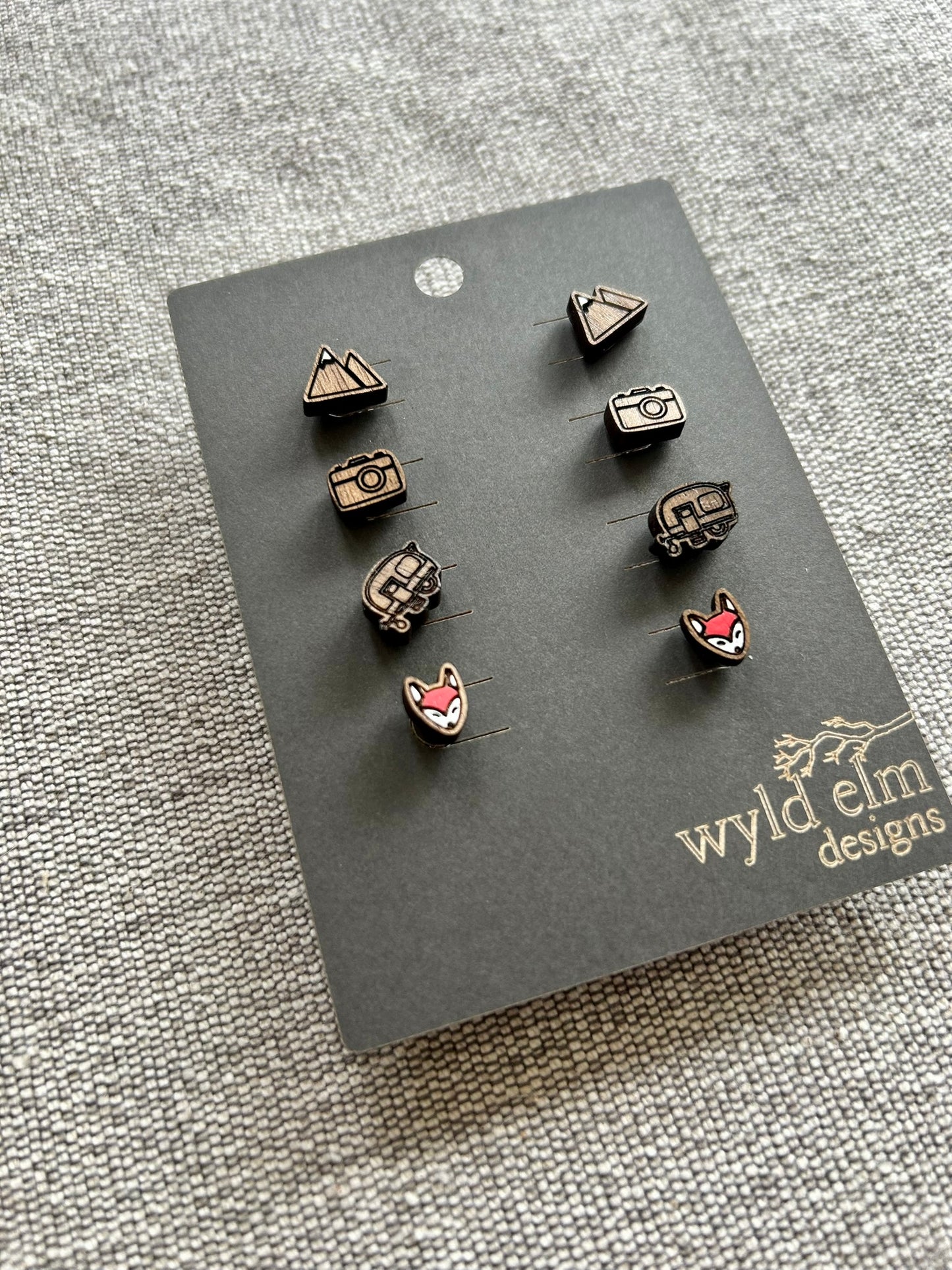 Walnut Wood Stud Earrings - Neutral Adventure Pack - Lightweight Minimalist Hypoallergenic Earrings - Tiny Hand Painted Design