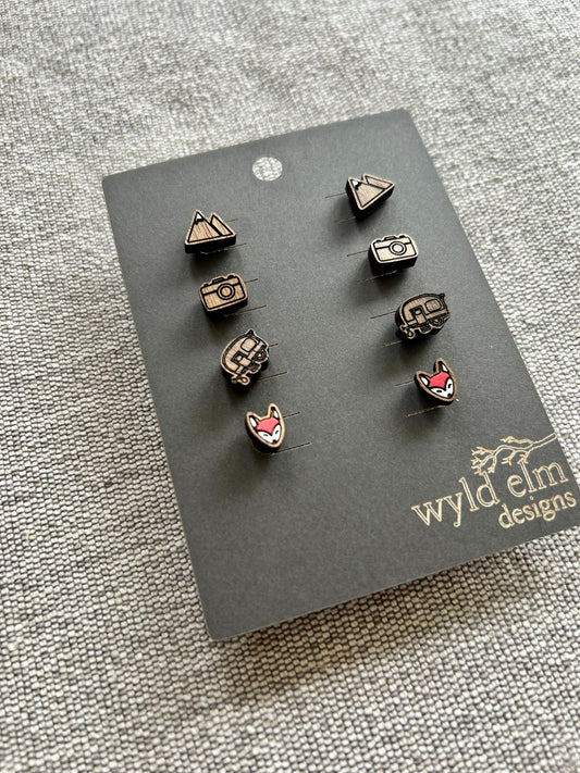 Walnut Wood Stud Earrings - Neutral Adventure Pack - Lightweight Minimalist Hypoallergenic Earrings - Tiny Hand Painted Design