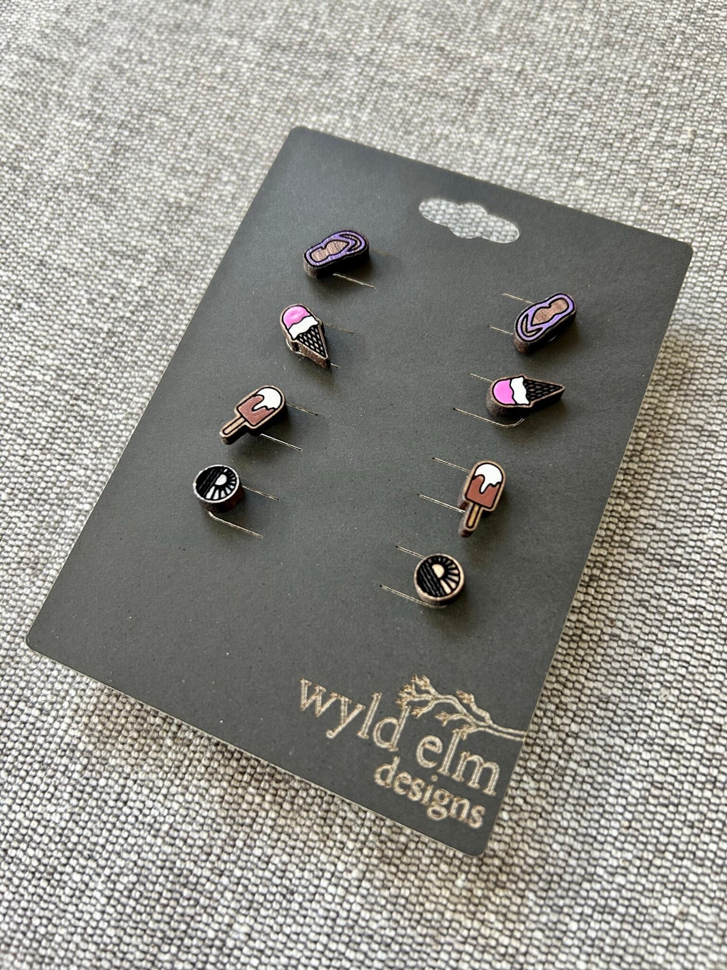 Walnut Wood Stud Earrings - Summer Lovin' Pack - Lightweight Minimalist Hypoallergenic Earrings - Tiny Hand Painted Design