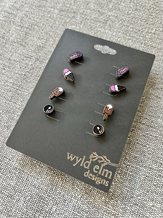 Walnut Wood Stud Earrings - Summer Lovin' Pack - Lightweight Minimalist Hypoallergenic Earrings - Tiny Hand Painted Design
