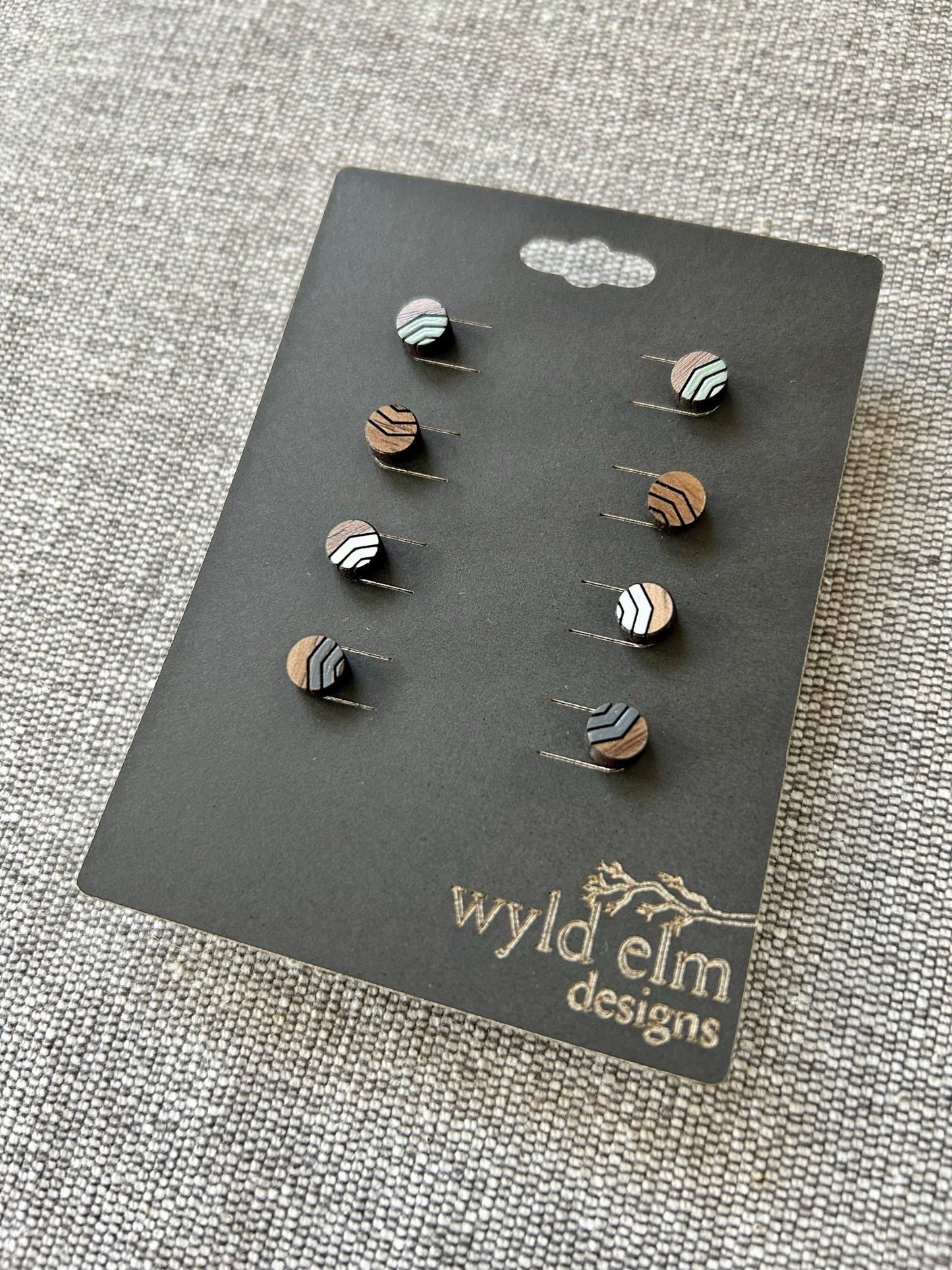 Walnut Wood Stud Earrings - Neutral Chevron Pack - Lightweight Minimalist Hypoallergenic Earrings - Tiny Hand Painted Design